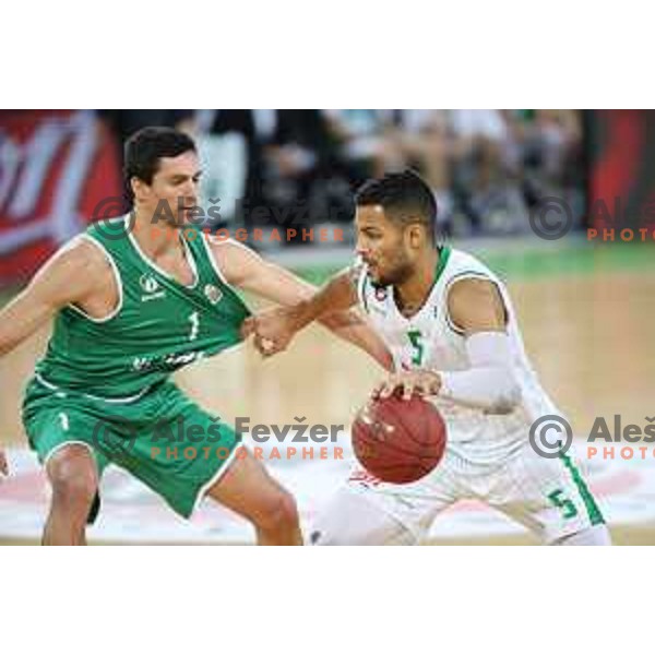 Dejan Cigoja and Devin Oliver in action during Nova KBM league basketball match between Petrol Olimpija and Ilirija in Stozice, Ljubljana, Slovenia on March 7, 2018