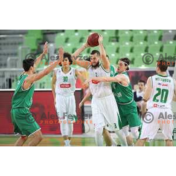 Bojan Radulovic and Luka Voncina in action during Nova KBM league basketball match between Petrol Olimpija and Ilirija in Stozice, Ljubljana, Slovenia on March 7, 2018