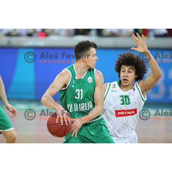 Zan Mark Sisko and Issuf Sanon in action during Nova KBM league basketball match between Petrol Olimpija and Ilirija in Stozice, Ljubljana, Slovenia on March 7, 2018