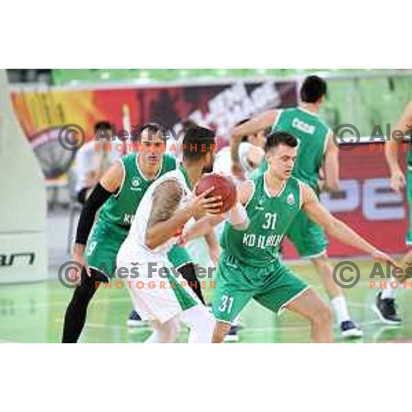 Jasmin Hukic and Zan Mark Sisko in action during Nova KBM league basketball match between Petrol Olimpija and Ilirija in Stozice, Ljubljana, Slovenia on March 7, 2018