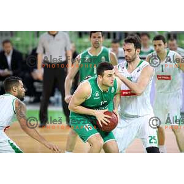 Ljubomir Mladenovski and Mirza Begic in action during Nova KBM league basketball match between Petrol Olimpija and Ilirija in Stozice, Ljubljana, Slovenia on March 7, 2018