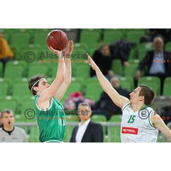 Luka Voncina and Gregor Hrovat in action during Nova KBM league basketball match between Petrol Olimpija and Ilirija in Stozice, Ljubljana, Slovenia on March 7, 2018