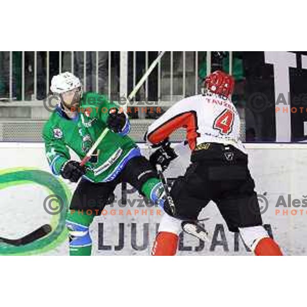 Andrej Hebar of SZ Olimpija in action during quarter-final of Alps League ice-hockey match between SZ Olimpija and Acroni Jesenice in Tivoli Hall, Ljubljana, Slovenia on March 8, 2018