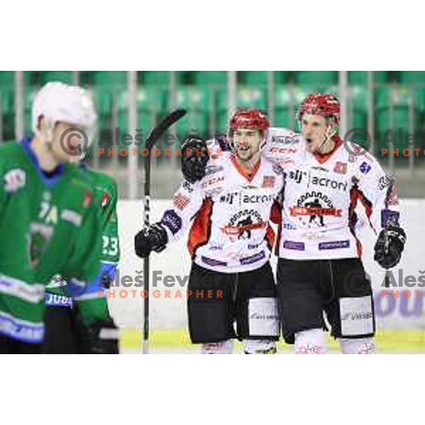 Aleksander Magovac celebrates goal during quarter-final of Alps League ice-hockey match between SZ Olimpija and Acroni Jesenice in Tivoli Hall, Ljubljana, Slovenia on March 8, 2018