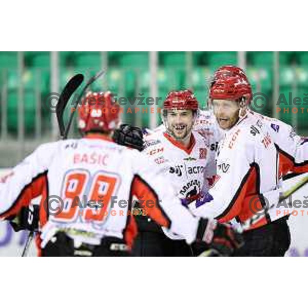 Aleksander Magovac celebrates goal during quarter-final of Alps League ice-hockey match between SZ Olimpija and Acroni Jesenice in Tivoli Hall, Ljubljana, Slovenia on March 8, 2018