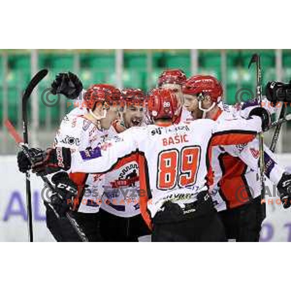 Aleksander Magovac celebrates goal during quarter-final of Alps League ice-hockey match between SZ Olimpija and Acroni Jesenice in Tivoli Hall, Ljubljana, Slovenia on March 8, 2018