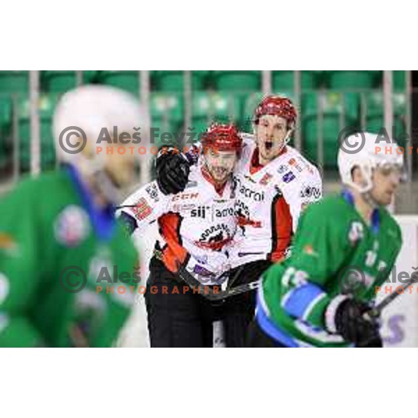 Aleksander Magovac celebrates goal during quarter-final of Alps League ice-hockey match between SZ Olimpija and Acroni Jesenice in Tivoli Hall, Ljubljana, Slovenia on March 8, 2018