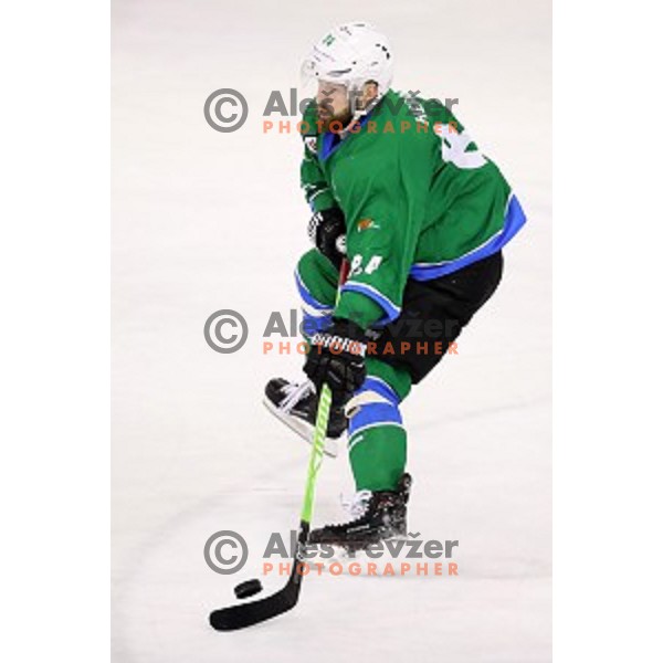 Andrej Hebar of SZ Olimpija in action during quarter-final of Alps League ice-hockey match between SZ Olimpija and Acroni Jesenice in Tivoli Hall, Ljubljana, Slovenia on March 8, 2018
