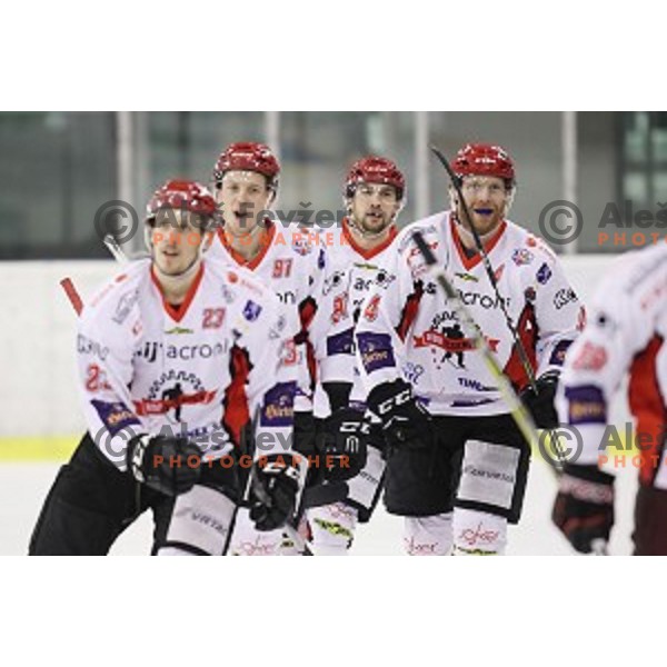 Aleksander Magovac celebrates goal during quarter-final of Alps League ice-hockey match between SZ Olimpija and Acroni Jesenice in Tivoli Hall, Ljubljana, Slovenia on March 8, 2018