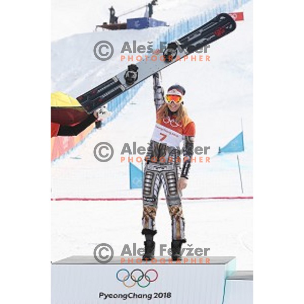 Ester Ledecka (CZE), Olympic gold medalist of Snowboard Women\'s Parallel Giant Slalom at Phoenix Snow park during PyeongChang 2018 Winter Olympic Games, South Korea on February 24, 2018