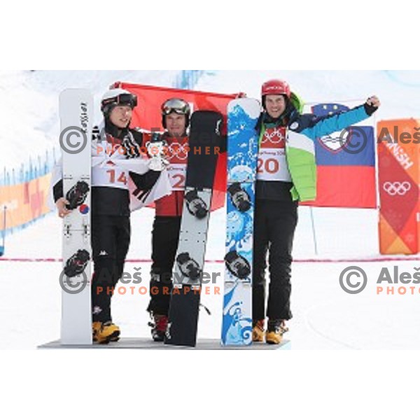 Nevin Galmarini (SUI), Olympic Champion and Zan Kosir (SLO) , Olympic bronze medalist of Snowboard Men\'s Parallel Giant Slalom at Phoenix Snow park during PyeongChang 2018 Winter Olympic Games, South Korea on February 24, 2018