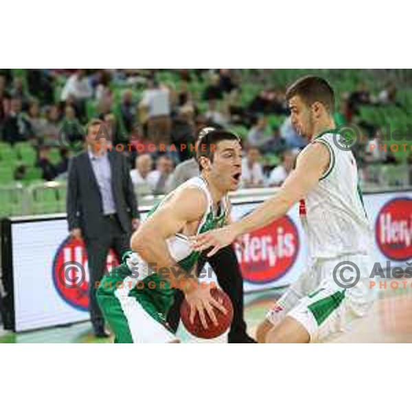 Marko Josilo of Krka and Roko Badzim in action during Nova KBM league basketball match between Petrol Olimpija and Krka in Stozice, Ljubljana, Slovenia on March 17, 2018