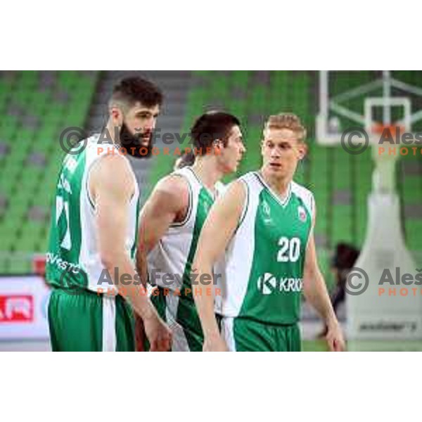 Ziga Dimec and Maj Kovacevic of Krka in action during Nova KBM league basketball match between Petrol Olimpija and Krka in Stozice, Ljubljana, Slovenia on March 17, 2018