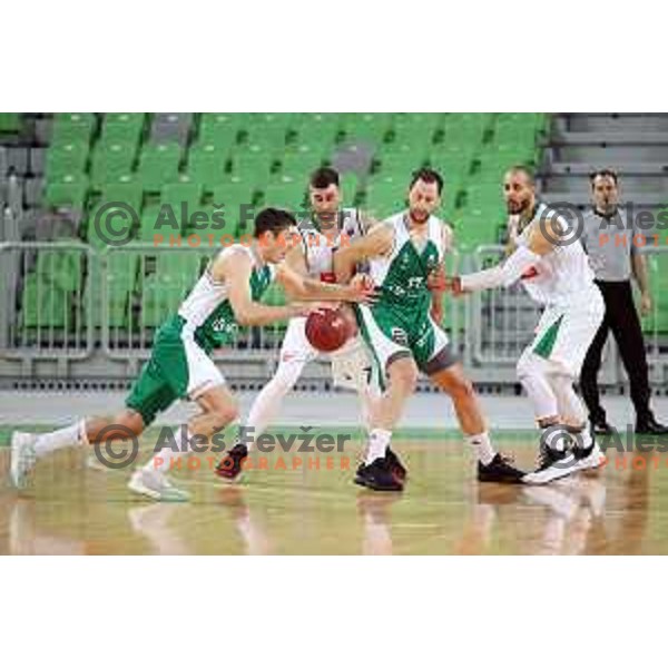 Marko Josilo, Sasa Zagorac of Krka and Drazen Bubnic, Jordan Morgan of Petrol Olimpija in action during Nova KBM league basketball match between Petrol Olimpija and Krka in Stozice, Ljubljana, Slovenia on March 17, 2018