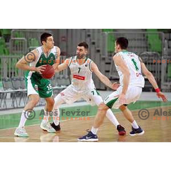 Marko Josilo of Krka and Drazen Bubnic in action during Nova KBM league basketball match between Petrol Olimpija and Krka in Stozice, Ljubljana, Slovenia on March 17, 2018