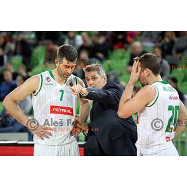 Drazen Bubnic, Zoran Martic, head coach of Petrol Olimpija and Mitchell McCarron in action during Nova KBM league basketball match between Petrol Olimpija and Krka in Stozice, Ljubljana, Slovenia on March 17, 2018
