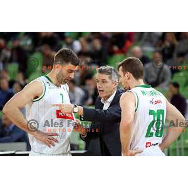 Drazen Bubnic, Zoran Martic, head coach of Petrol Olimpija and Mitchell McCarron in action during Nova KBM league basketball match between Petrol Olimpija and Krka in Stozice, Ljubljana, Slovenia on March 17, 2018
