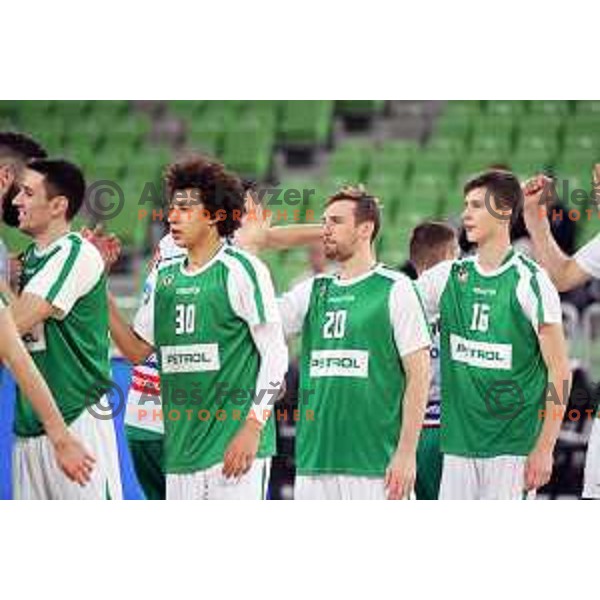 Issuf Sanon, Mitchell McCarron and Alen Malovcic during Nova KBM league basketball match between Petrol Olimpija and Krka in Stozice, Ljubljana, Slovenia on March 17, 2018
