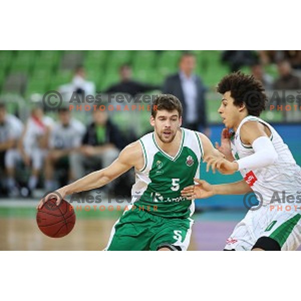 Paolo Marinelli and Issuf Sanon in action during Nova KBM league basketball match between Petrol Olimpija and Krka in Stozice, Ljubljana, Slovenia on March 17, 2018