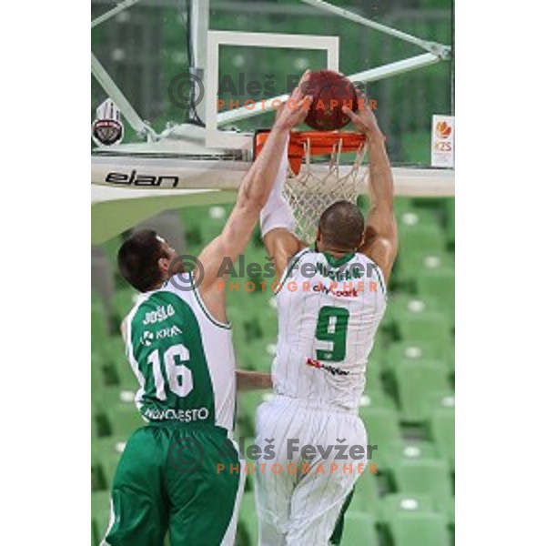 Marko Josilo of Krka and Jordan Morgan in action during Nova KBM league basketball match between Petrol Olimpija and Krka in Stozice, Ljubljana, Slovenia on March 17, 2018