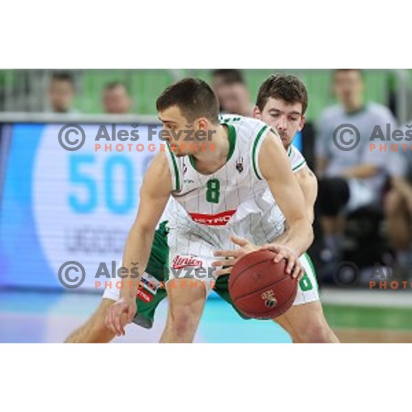 Roko Badzim and Paolo Marinelli in action during Nova KBM league basketball match between Petrol Olimpija and Krka in Stozice, Ljubljana, Slovenia on March 17, 2018