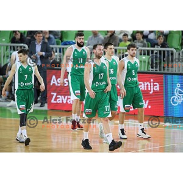 Sasa Zagorac, Marko Josilo, Paolo Marinelli of Krka in action during Nova KBM league basketball match between Petrol Olimpija and Krka in Stozice, Ljubljana, Slovenia on March 17, 2018
