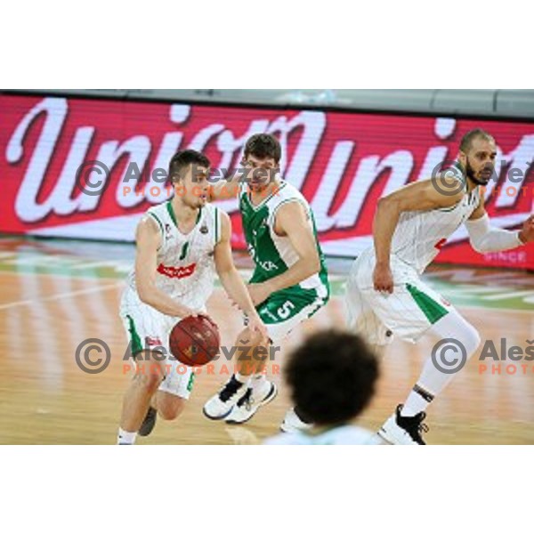 Roko Badzim and Paolo Marinelli in action during Nova KBM league basketball match between Petrol Olimpija and Krka in Stozice, Ljubljana, Slovenia on March 17, 2018