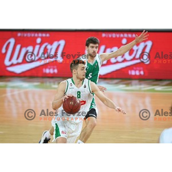 Roko Badzim and Paolo Marinelli in action during Nova KBM league basketball match between Petrol Olimpija and Krka in Stozice, Ljubljana, Slovenia on March 17, 2018