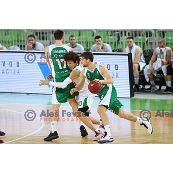 Paolo Marinelli and Issuf Sanon in action during Nova KBM league basketball match between Petrol Olimpija and Krka in Stozice, Ljubljana, Slovenia on March 17, 2018