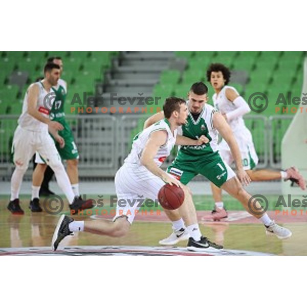 Mitchell McCarron and Matic Siska in action during Nova KBM league basketball match between Petrol Olimpija and Krka in Stozice, Ljubljana, Slovenia on March 17, 2018