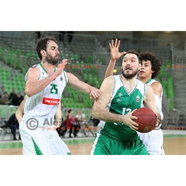 Mirza Begic, Issuf Sanon of Petrol Olimpija and Dalibor Djapa of Krka in action during Nova KBM league basketball match between Petrol Olimpija and Krka in Stozice, Ljubljana, Slovenia on March 17, 2018