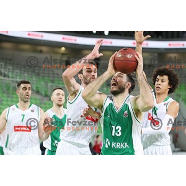 Mirza Begic, Issuf Sanon of Petrol Olimpija and Dalibor Djapa of Krka in action during Nova KBM league basketball match between Petrol Olimpija and Krka in Stozice, Ljubljana, Slovenia on March 17, 2018