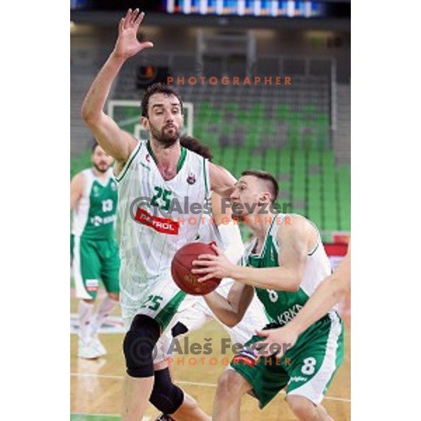 Mirza Begic of Petrol Olimpija and Domen Bratoz in action during Nova KBM league basketball match between Petrol Olimpija and Krka in Stozice, Ljubljana, Slovenia on March 17, 2018