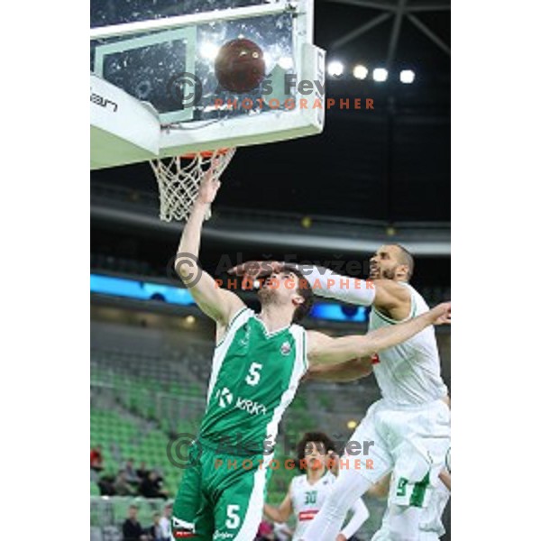 Paolo Marinelli and Jordan Morgan in action during Nova KBM league basketball match between Petrol Olimpija and Krka in Stozice, Ljubljana, Slovenia on March 17, 2018