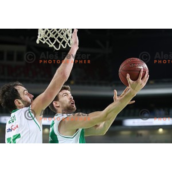 Mirza Begic blocks Paolo Marinelli of Krka during Nova KBM league basketball match between Petrol Olimpija and Krka in Stozice, Ljubljana, Slovenia on March 17, 2018
