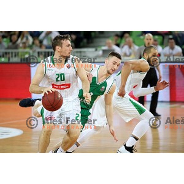 Mitchell McCarron and Domen Bratoz in action during Nova KBM league basketball match between Petrol Olimpija and Krka in Stozice, Ljubljana, Slovenia on March 17, 2018