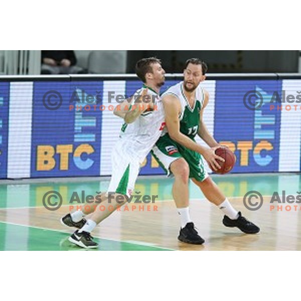 Mitchell McCarron and Sasa Zagorac in action during Nova KBM league basketball match between Petrol Olimpija and Krka in Stozice, Ljubljana, Slovenia on March 17, 2018