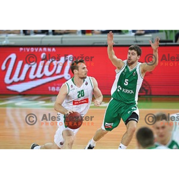 Mitchell McCarron and Paolo Marinelli in action during Nova KBM league basketball match between Petrol Olimpija and Krka in Stozice, Ljubljana, Slovenia on March 17, 2018
