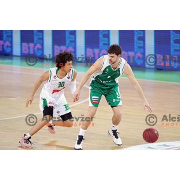 Paolo Marinelli and Issuf Sanon in action during Nova KBM league basketball match between Petrol Olimpija and Krka in Stozice, Ljubljana, Slovenia on March 17, 2018