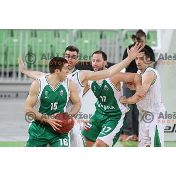 Marko Josilo, Sasa Zagorac of Krka and Drazen Bubnic and Erjon Kastrati in action during Nova KBM league basketball match between Petrol Olimpija and Krka in Stozice, Ljubljana, Slovenia on March 17, 2018