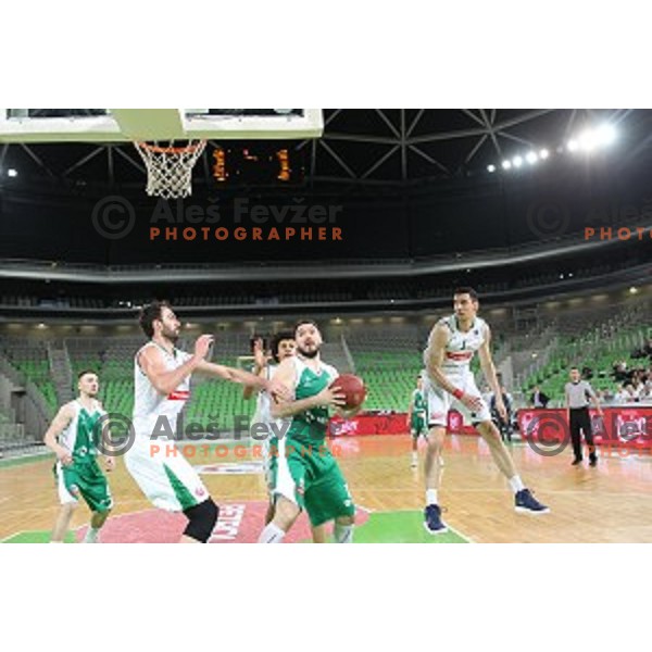 Mirza Begic and Dalibor Djapa of Krka in action during Nova KBM league basketball match between Petrol Olimpija and Krka in Stozice, Ljubljana, Slovenia on March 17, 2018
