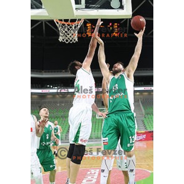 Mirza Begic and Dalibor Djapa of Krka in action during Nova KBM league basketball match between Petrol Olimpija and Krka in Stozice, Ljubljana, Slovenia on March 17, 2018