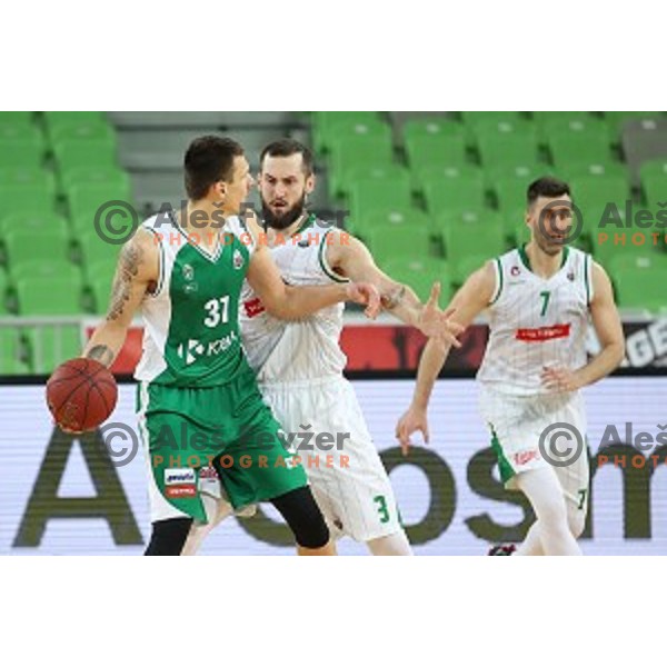 Ziga Fifolt and Bojan Radulovic in action during Nova KBM league basketball match between Petrol Olimpija and Krka in Stozice, Ljubljana, Slovenia on March 17, 2018
