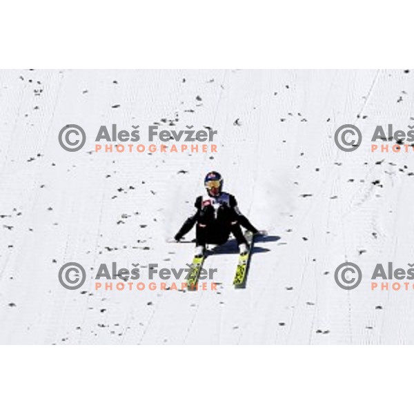 Gregor Schlierenzauer (AUT) jumps 253,5 meters, but touched the ground with hands at Ski flying Qualification during the Final of Ski jumping World Cup 2017/2018 in Planica, Slovenia on March 22, 2018