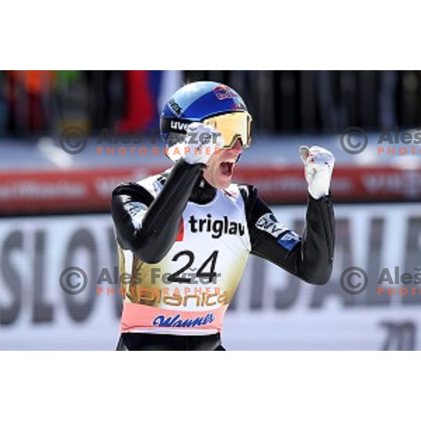 Gregor Schlierenzauer (AUT) jumps 253,5 meters, but touched the ground with hands at Ski flying Qualification during the Final of Ski jumping World Cup 2017/2018 in Planica, Slovenia on March 22, 2018