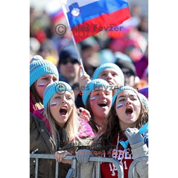More than 13.000 fans cheering at Ski flying Qualification during the Final of Ski jumping World Cup 2017/2018 in Planica, Slovenia on March 22, 2018