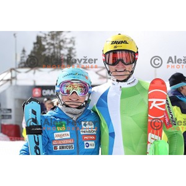 Mata Hrovat, winner of Ladies Slalom and Stefan Hadalin, winner of Men\'s Slalom at Slovenian National Championships at Krvavc Ski Resort, Cerklje on March 24, 2018