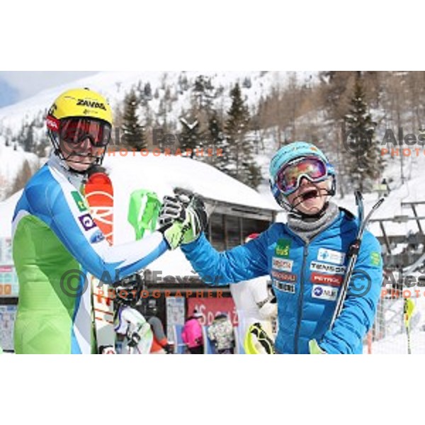 Mata Hrovat, winner of Ladies Slalom and Stefan Hadalin, winner of Men\'s Slalom at Slovenian National Championships at Krvavc Ski Resort, Cerklje on March 24, 2018