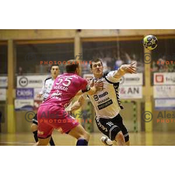 Ziga Mlakar and Risto Vujacic in action during 1.NLB league handball match between Riko Ribnica and Celje Pivovarna Lasko in Ribnica Sports Centre, Slovenia on March 24, 2018