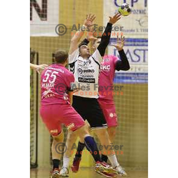 Blaz Nosan of Riko Ribnica in action during 1.NLB league handball match between Riko Ribnica and Celje Pivovarna Lasko in Ribnica Sports Centre, Slovenia on March 24, 2018